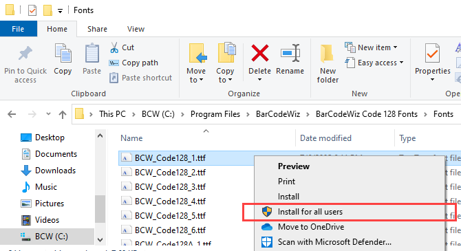 Installation of BarCodeWiz Code 128 font files 