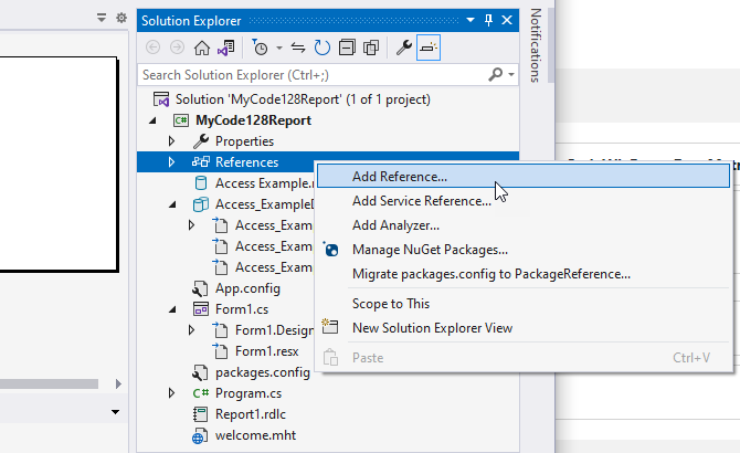 Right-click on References in Solution Explorer and select Add Reference...