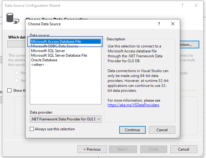 Selecting Microsoft Access Database File as a database Connection type with RDLC Visual Studio Project 