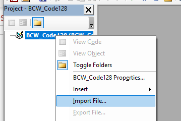 Right-click project name and select Import File to import BarCodeWizCode128 module