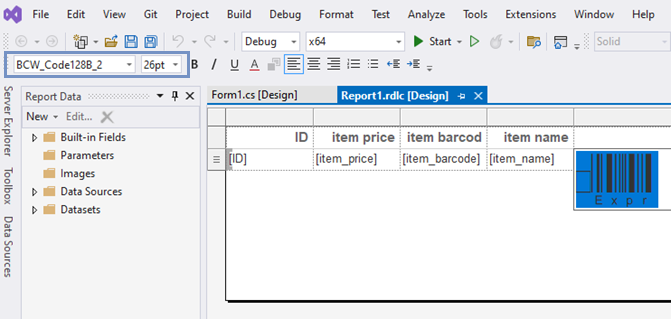 Select BCW_Code128B_2 as a font and set 26 as the font point size