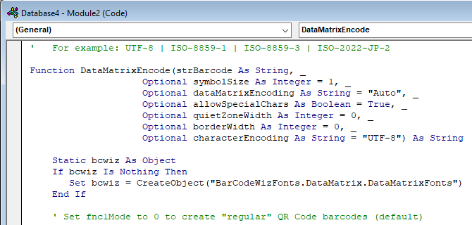 Preview of DataMatrixEncode function after importing to Access