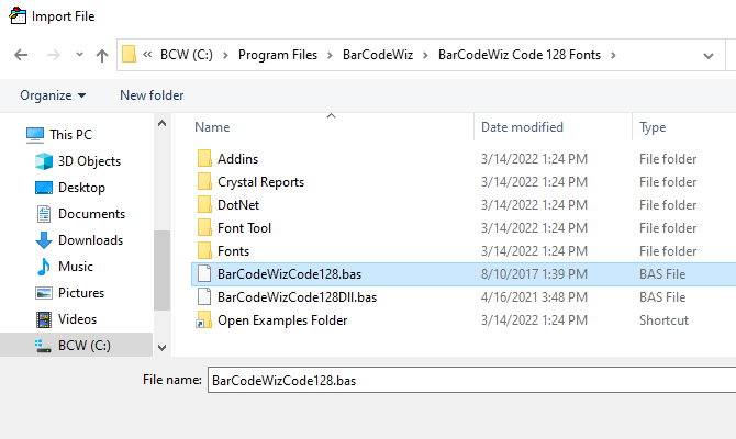 Select BarCodeWizCode128.bas to import module into your project