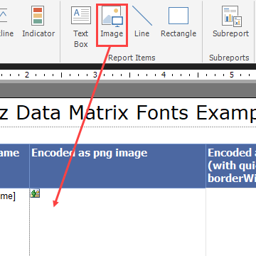 Insert an image object into your report to encode Data Matrix barcode using BarCodeWiz Data Matrix Fonts