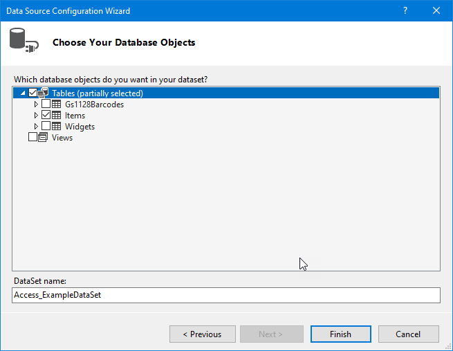 Select the Items table to use in your project