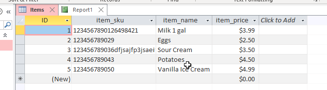 Preview of the table with to encode to Data Matrix barcodes 