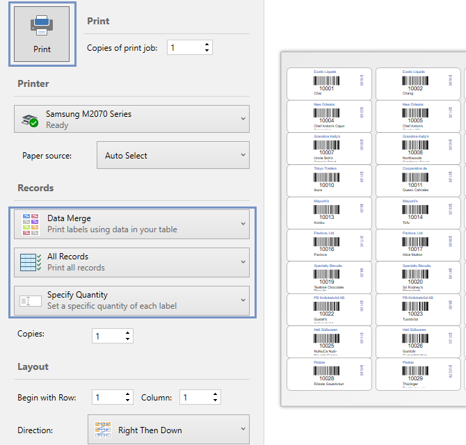 Select Data Merge, All Records, and set Specify Quantity to one to print the labels using data in your table, one copy of each