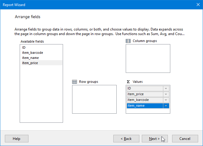 Arrange fields for your report