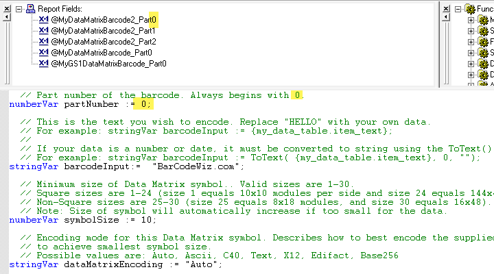 Edit all your formulas to obtain a valid Data Matrix barcode in versions 8.5 or older of Crystal Reports
