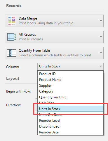 Select a column that holds the record with quantities of labels to print.