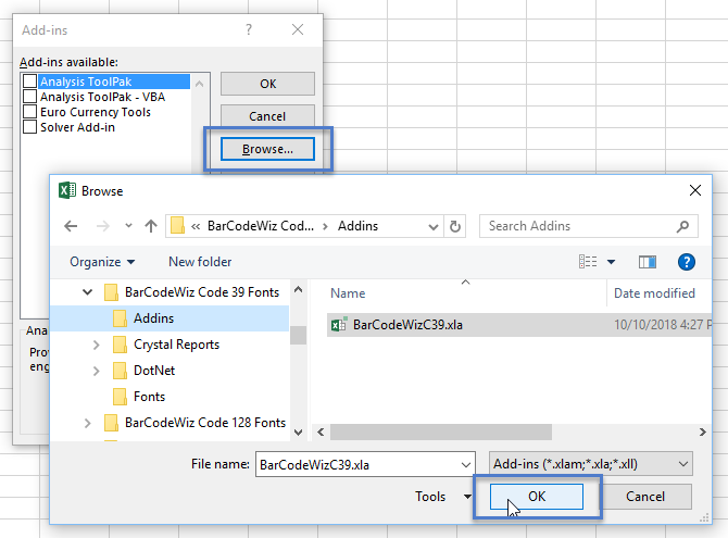 Install Code 39 Fonts Toolbar In Excel Barcodewiz 0263