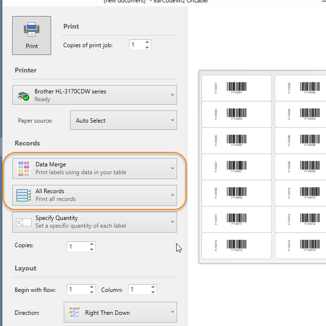 Printing settings. Select Data Merge and All Records to print the labels using data in your table