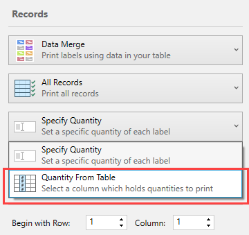 Select "Quantity From Table" to select which column holds the records with quantities