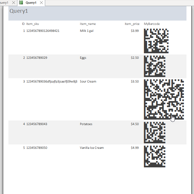 Preview of the report with Data Matrix barcodes