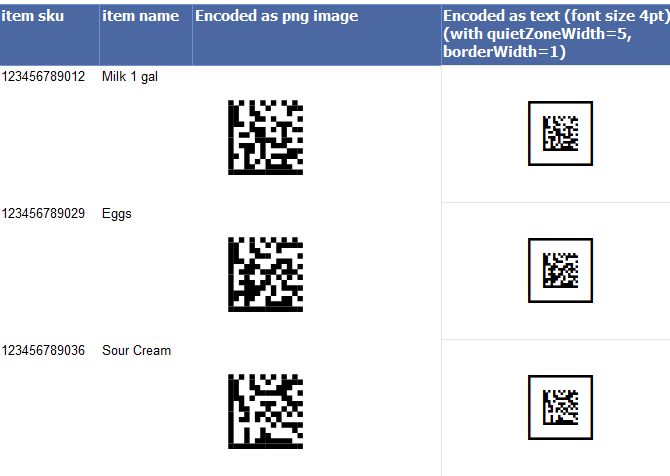 Preview of a report made in SSRS with barcodes encoded as images using BarCodeWiz Data Matrix Fonts