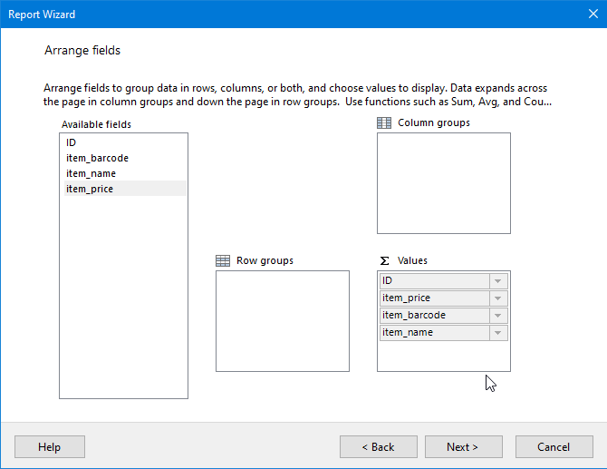 Arrange fields for your report