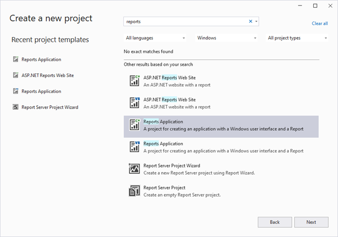 Create a new Reports Application Project in Visual Studio