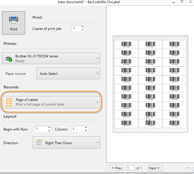 Printing settings. Select Page of Labels to print the entire sheet of the same labels