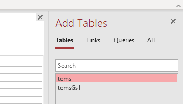 Click on Items in the Add Table dialog to add the table to a query with Data Matrix barcode in it