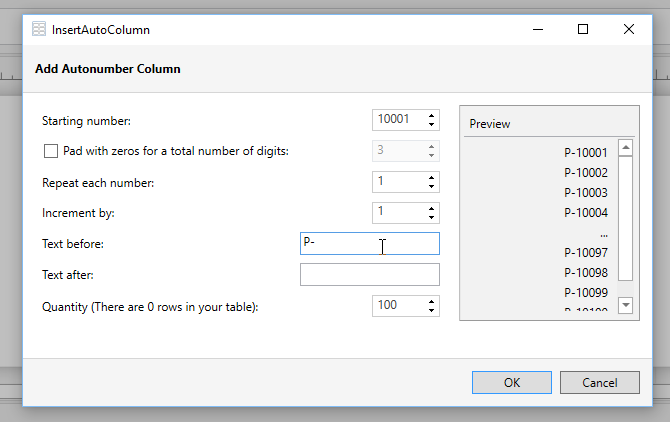 Enter the auto-increment range and options you'd like to use in the new column